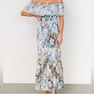 Baltic Born Amalfi Smocked Blue and White Ruffled Off-Shoulder Maxi Dress
